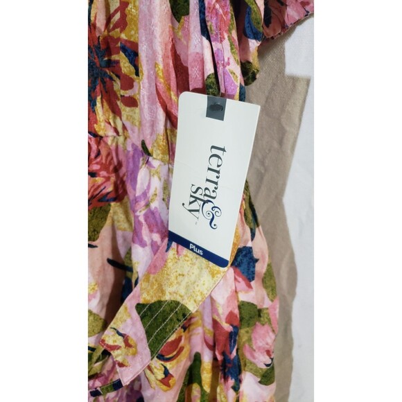 Terra & Sky Women's 1X (16W-18W) Plus Size Puff Sleeve Pearl Blush Floral Dress - Picture 4 of 11